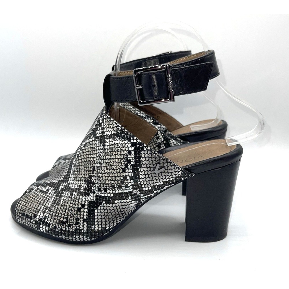 Vionic Women 7.5 Black Snake Skin Kaia Ankle Strap Peep Toe block Heel Mules